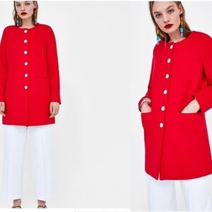 Zara red button front long sleeve jacket coat Sz M
